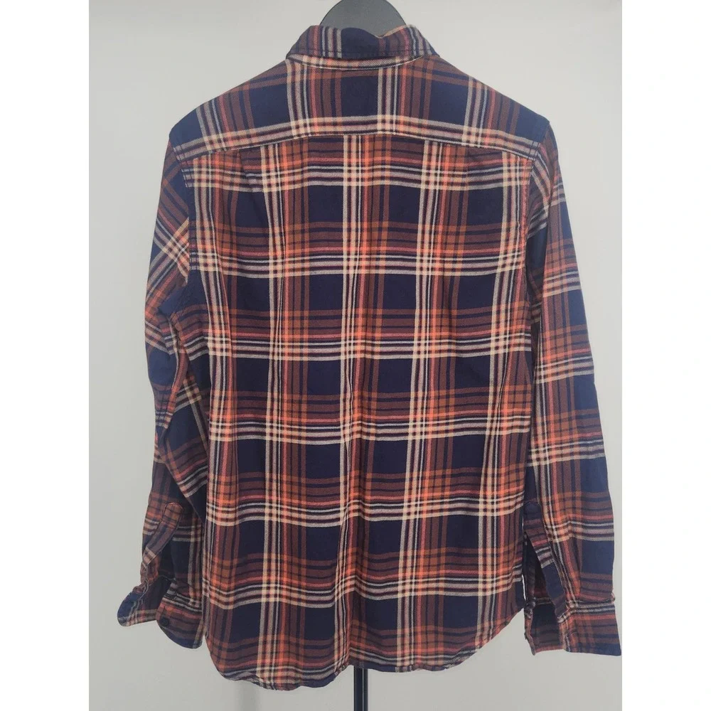 J. Crew Mens Sporting Life Plaid Flannel Button Down Shirt Navy Orange Small